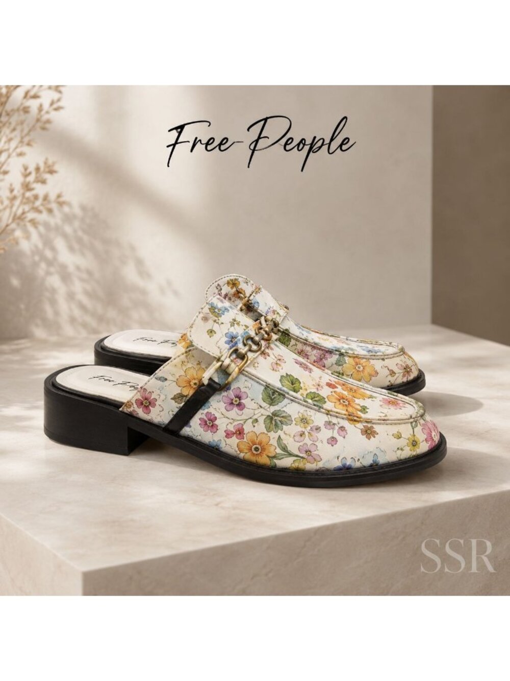 Free People Vida Floral Leather Mule Loafers Ivory Multi Chain Detail EU 38.5 US